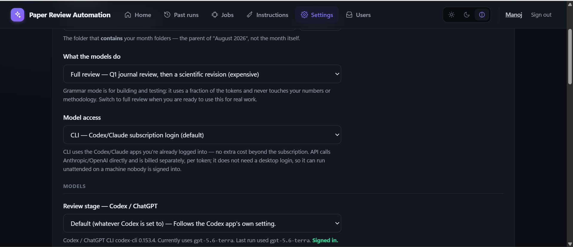 Settings screen
